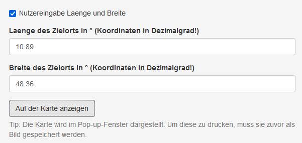 Lokalklimagenerator Eingabe Koordinaten
