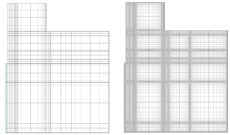 Grid left is much too coarse, can cause convergence problems. Right is a nice, steady-going grid.
